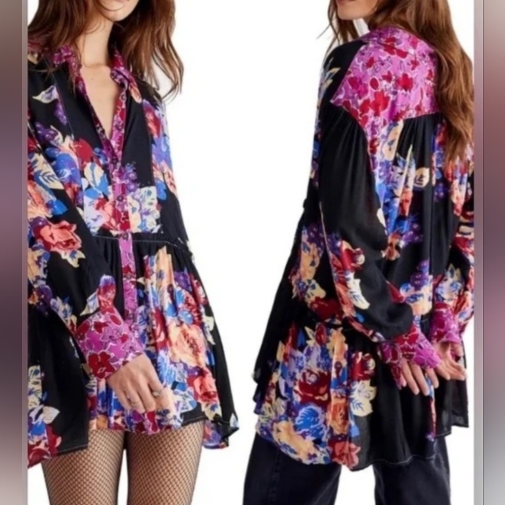 Free People Brunch A Bunch Longsleeve Tunic Top Black Floral Motif Size M